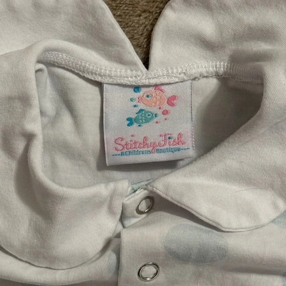Stitchy Fish Baby Girls White Blue Polka Dot Peter Pan Collar Bubble Romper 6M
